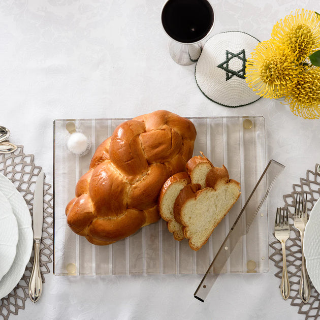 A&M Judaica Marble Design Challah Tray - Goldish Blue With Gold Shabbo